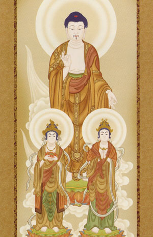 仏書・仏画の掛け軸 高見蘭石作 阿弥陀三尊佛 尺五立