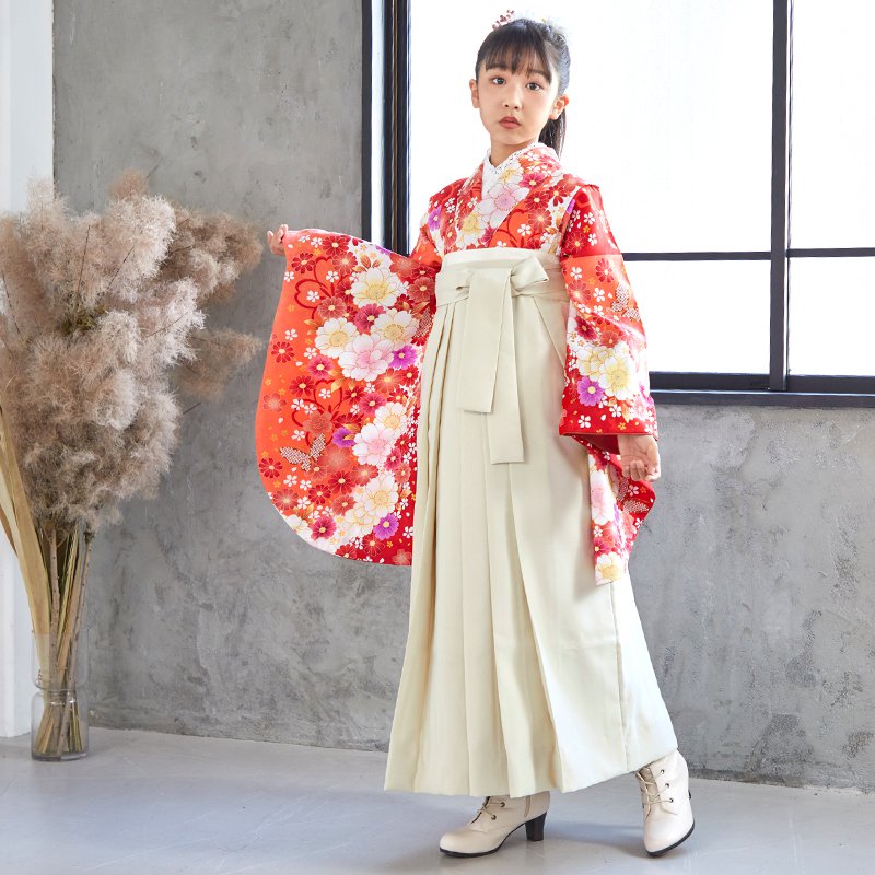 小学生袴:A043 オレンジ 八重桜に蝶│ 袴レンタル │ 京都着物レンタル夢館