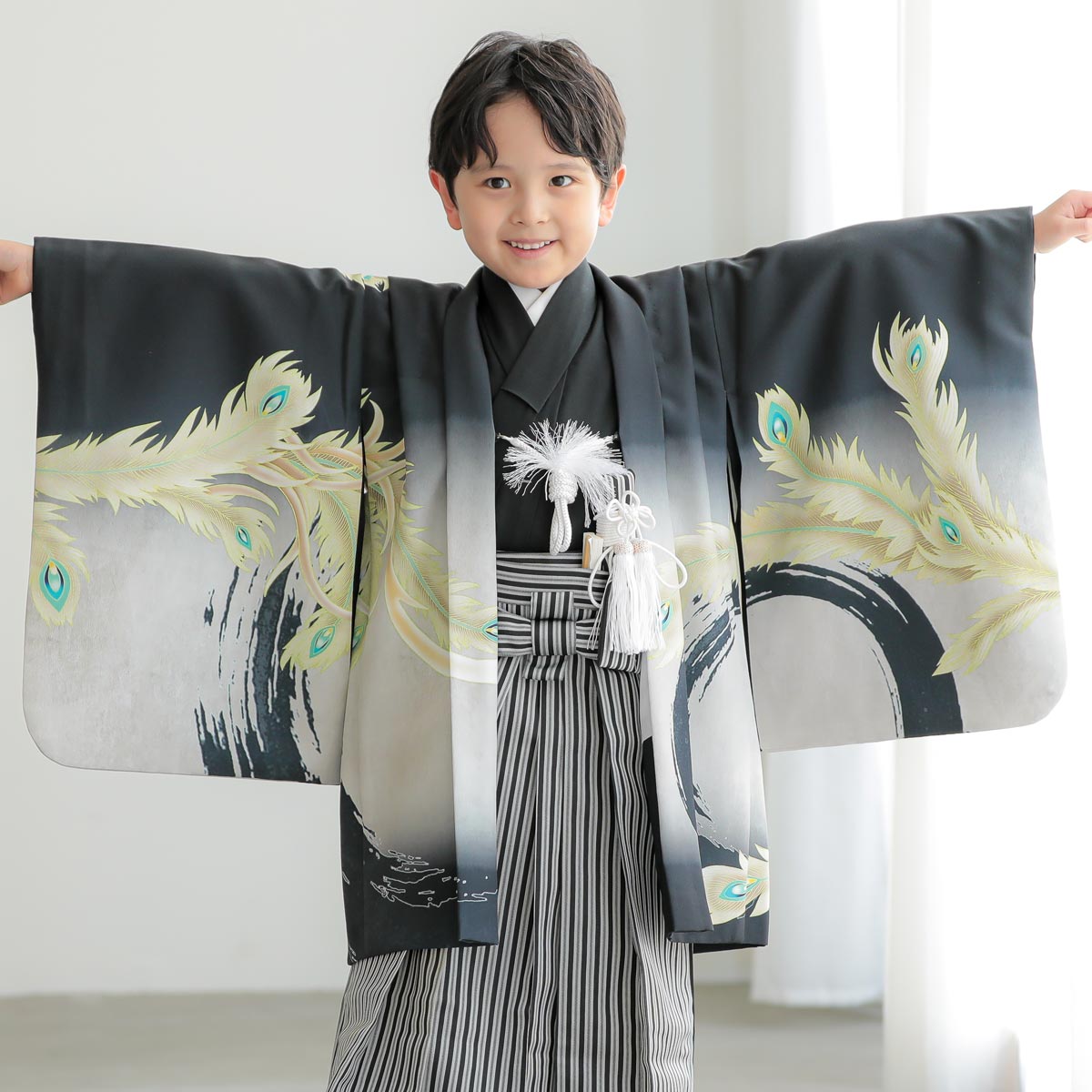 男児袴：BY152 【五歳】黒鳳凰×黒縞 七五三男児袴レンタルセット