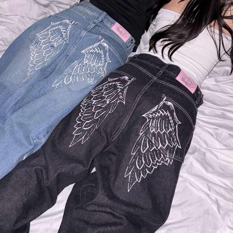 Feather logo Studs Buggy Denim Pants – YZ