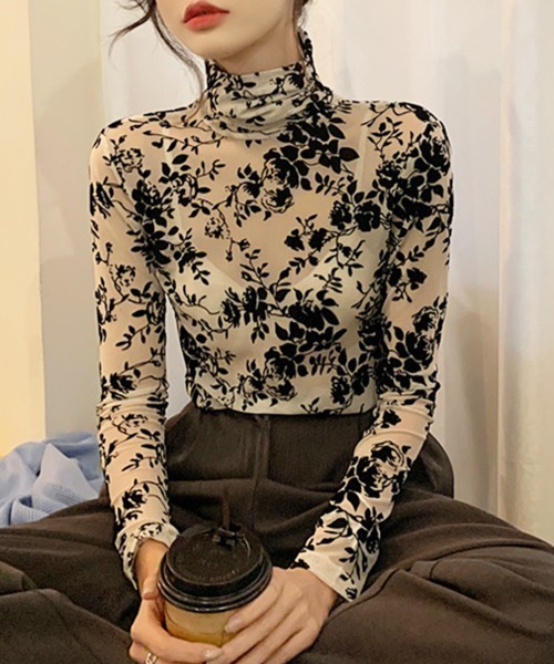 SEN TOKYO tシャツ 花柄 ハイネック シアー プルオーバー レディース