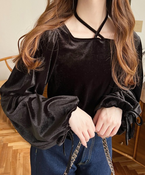 moment+ tシャツ ボリュームスリーブスクエアホルターネックシャイニー