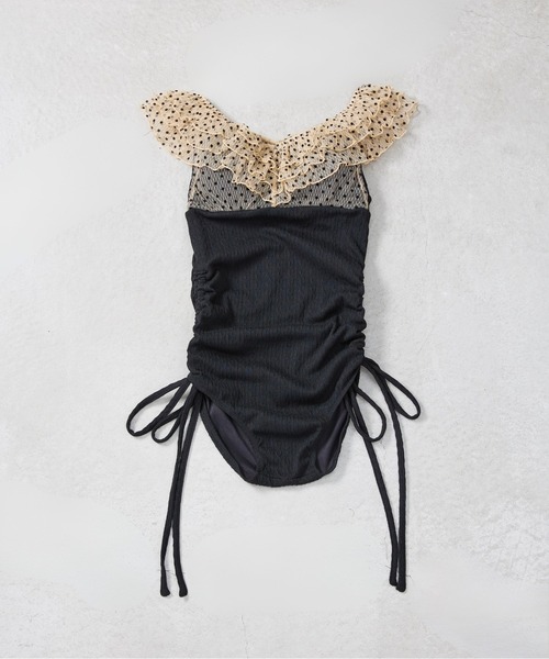 水着 「swimwear/体型カバー」ドットチュールワンピーススイムウェア