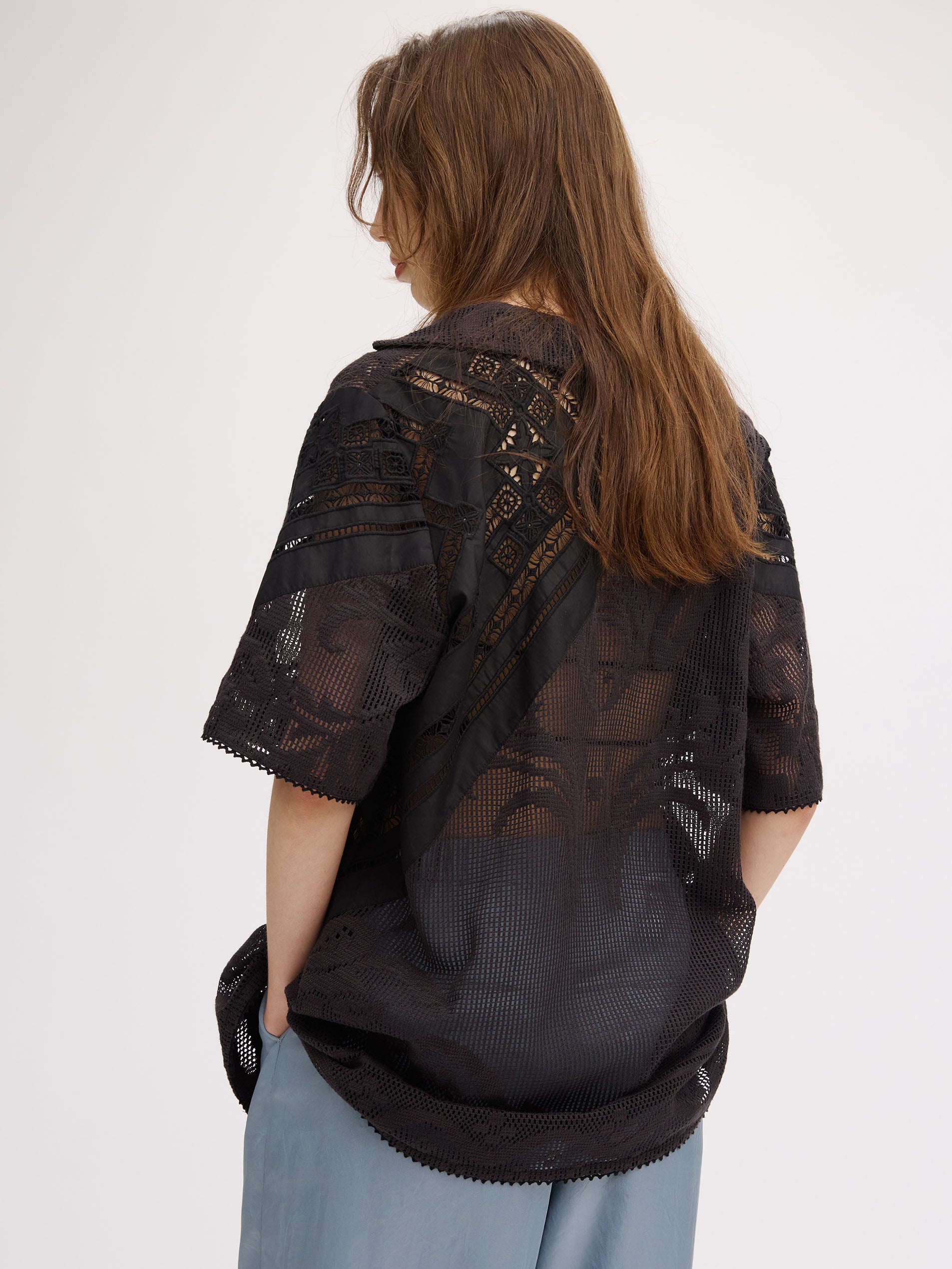 LACE COMBI HALF SLEEVE JACKET SHIRT