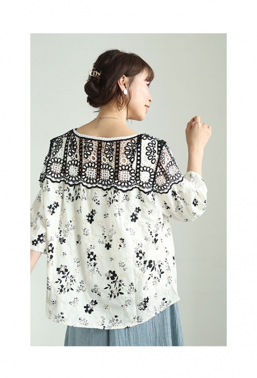 レディース 大人 上品 ぐるりと囲む刺繍レース花柄シャツブラウス