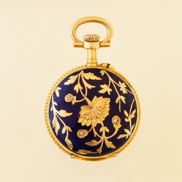 フランス「ダイヤ＆青エナメル 花文様 懐中時計」《アンティックかとう》