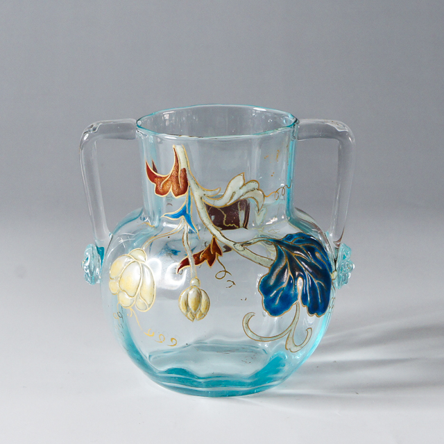 エミール・ガレ「花文様双耳花瓶 （月光色ガラス）」《アンティック