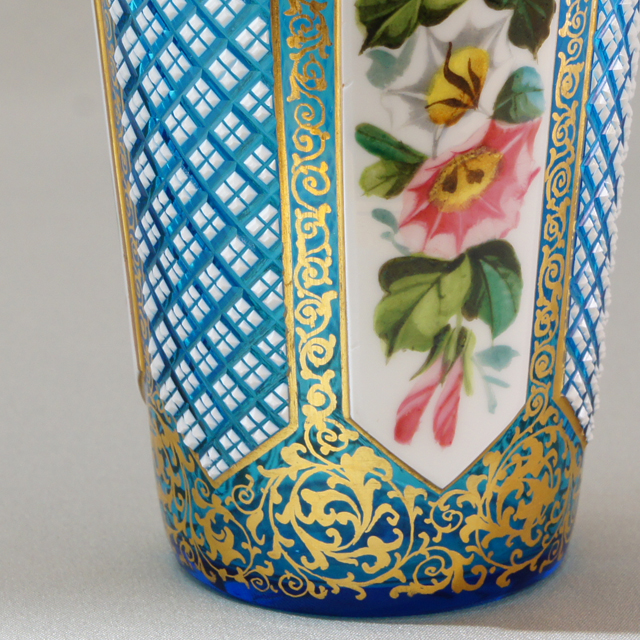 モーゼル「ブルーガラス エナメル金彩装飾 ゴブレット 高さ10cm（約