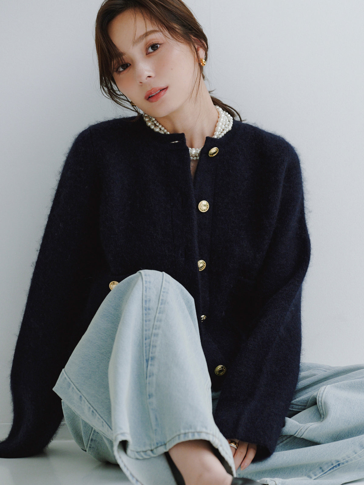 カシミヤブレンドノーカラーニットジャケット