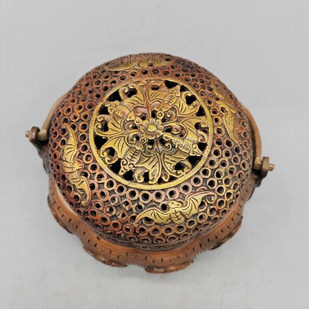 銅製 提梁暖手炉 喜上枝頭手提げ暖手炉 香炉 香道具 装飾品 工芸