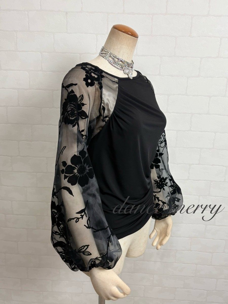 新品 社交ダンス トップス 黒 ベージュ 長袖 バルーン袖 パーティ