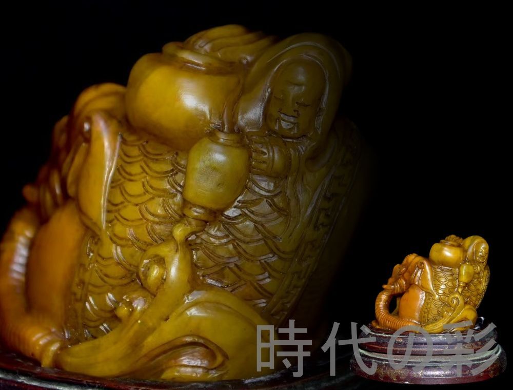 旧蔵 田黄石 古獣置物】老木箱付 寿山石 林皋作 丁卯年 中国古美術