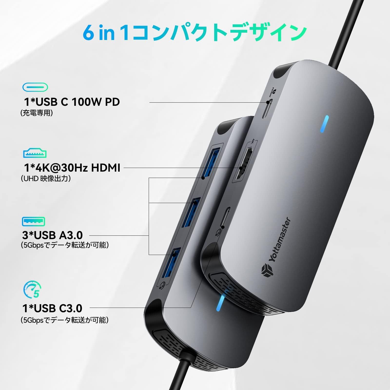 Yottamaster USB C ハブ 6-in-1 USBハブ アダプタ TypeCハブ 【4K出力