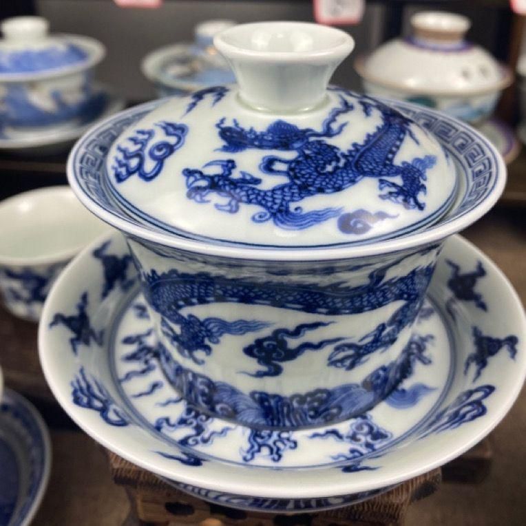 手绘水点桃花描金三才盖碗 中国茶器景徳镇 蓋付き 飲茶食器 煎茶具 未