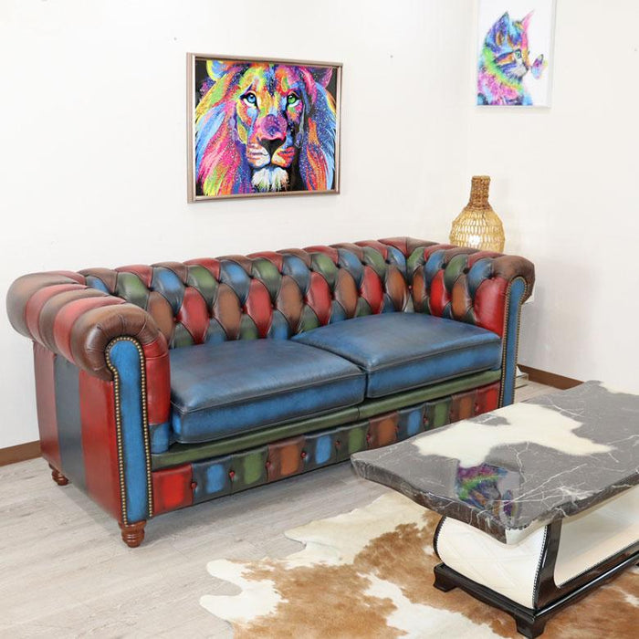 チェスターフィールド 3Pソファー カラフル 総革張り｜ホーム