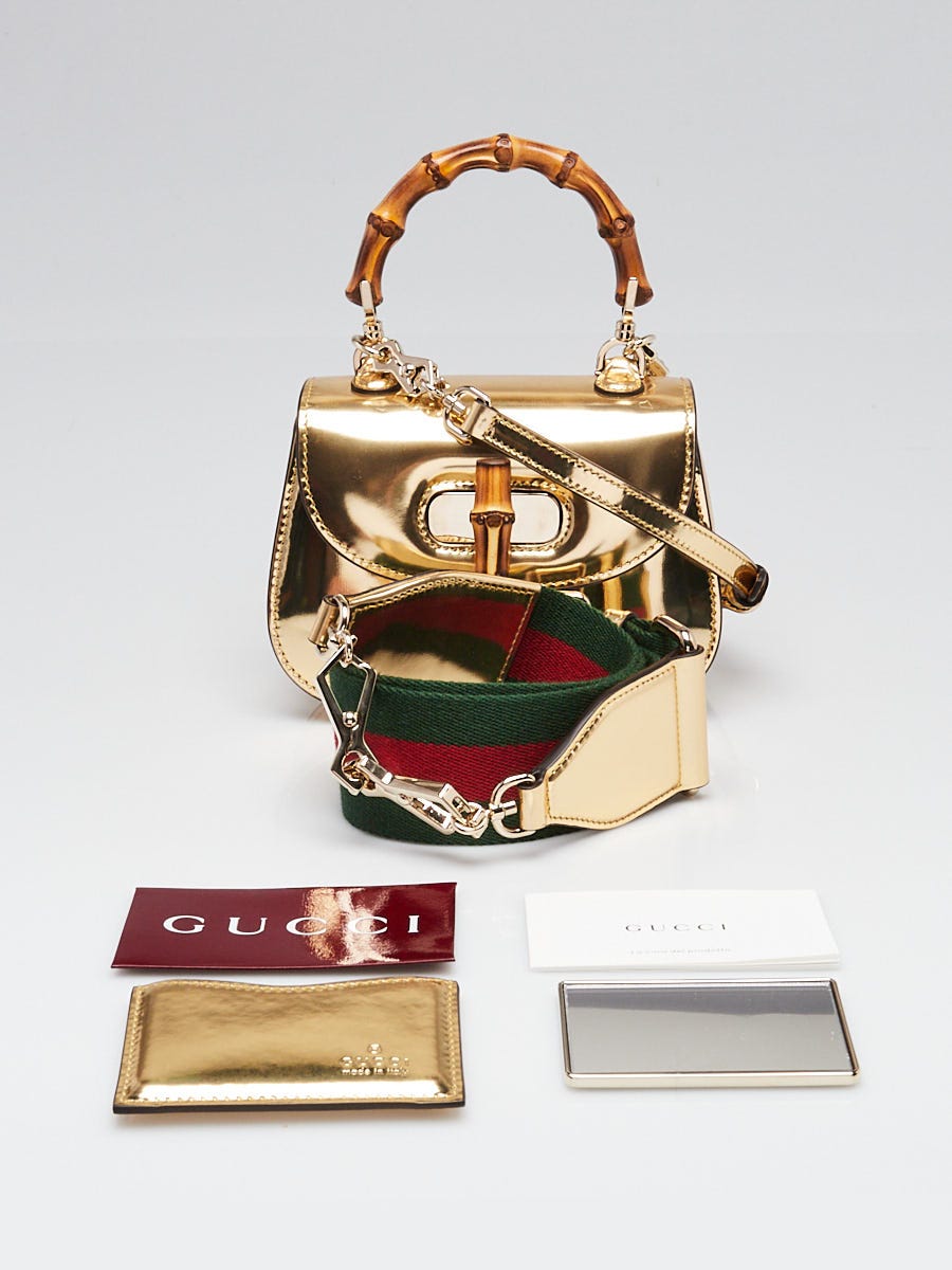 Gucci Gold Metallic Patent Leather Mini 1947 Bamboo Top Handle BAg