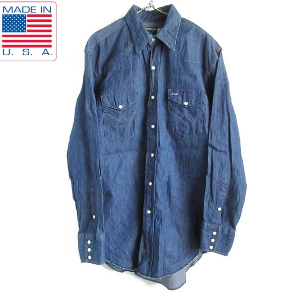 80s USA製 Wrangler ラングラー デニム ウエスタンシャツ 濃紺 16-1/2