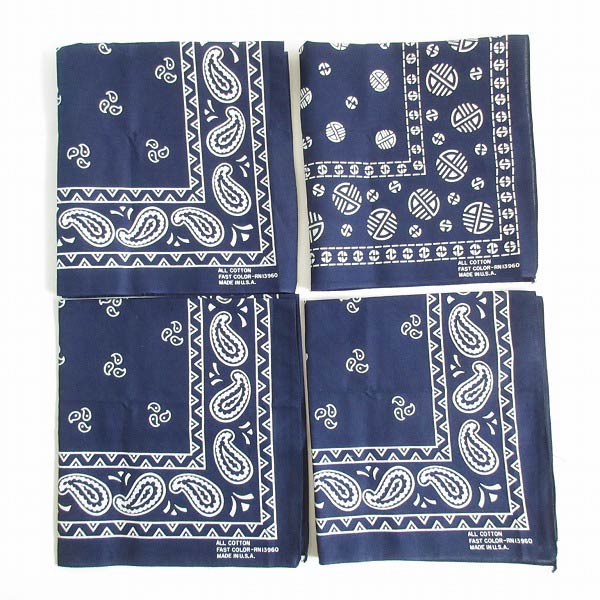 新品 70s ビンテージ バンダナ 4枚セット USA製 紺系 コットン