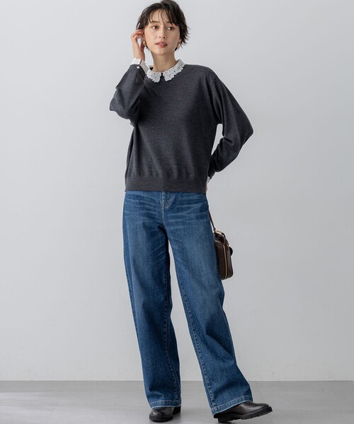 セール】【洗える】エンブロイダリー フラワーレースコンビ ニット