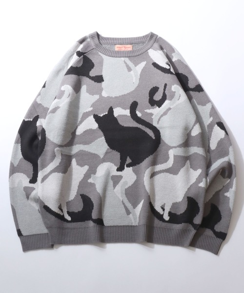 セール】Cat Camouflage Pattern Double Jacquard Knit Pullover/猫
