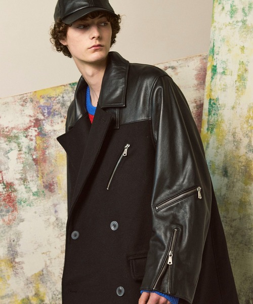 UNISEX》Sheep Leather Melton Combination Chester coat/シープレザー