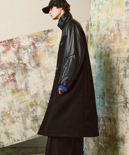 UNISEX》Sheep Leather Melton Combination Chester coat/シープレザー
