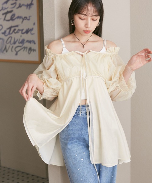 セール】パフスリーブナイロンチュニックブラウス（シャツ/ブラウス