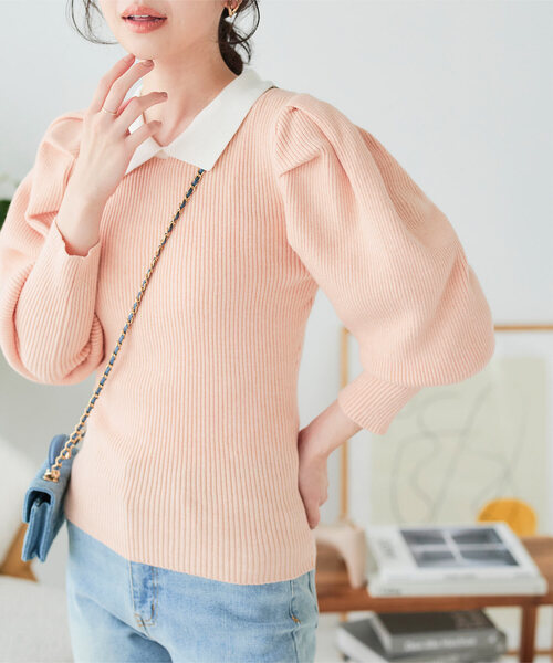 セール】プチ襟付きボリュームスリーブニットトップス（ニット