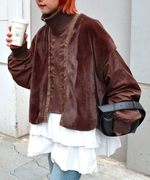 セール】【etsinta】ファー切替ショートスタンドジャケット/WEB限定