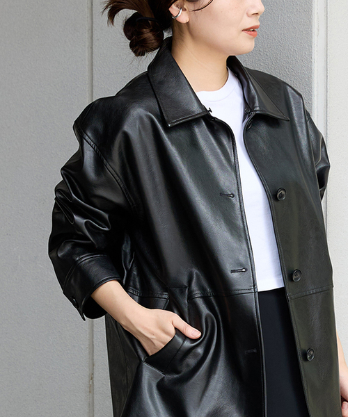 ウォッシャブル フェイクレザーファー襟付カバーオール（カバーオール