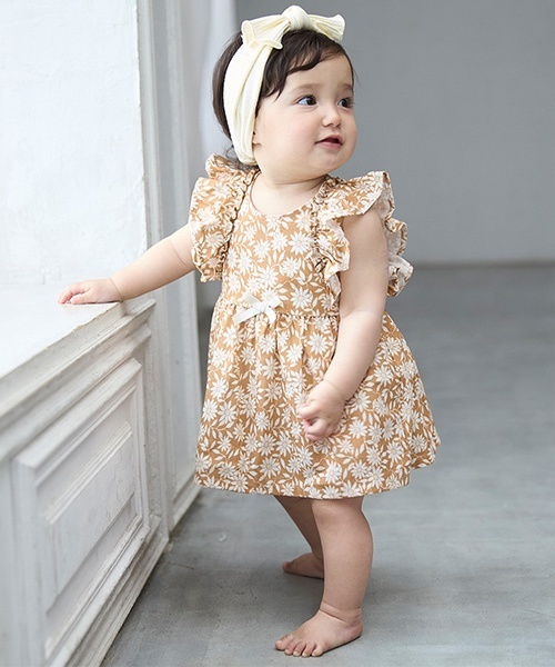 セール】【リンク】花柄シャーリングワンピース(ベビー)（ロンパース