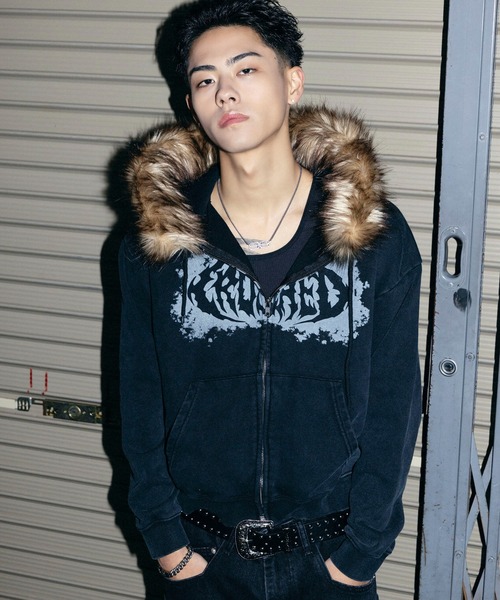 セール】2WAY短丈ダブルジップパーカー/プリントロゴ/フェイクファー