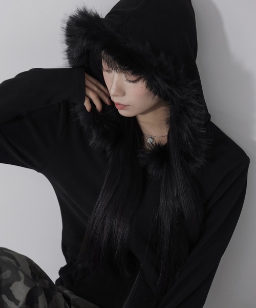 3color 】ファーフードジップアップパーカー ／ fur zipup hoodie