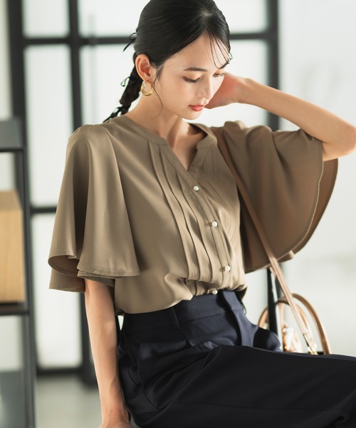 オフィスカジュアル/洗える】フレアスリーブピンタックブラウス 半袖