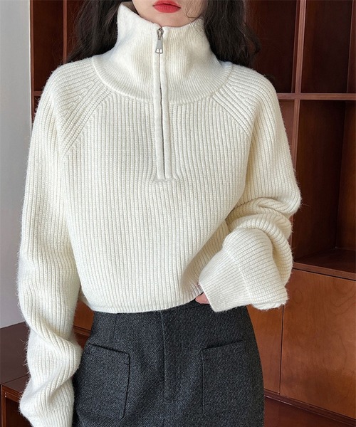 セール】ハイネック ハーフジップ ニット クロップド丈 レディース