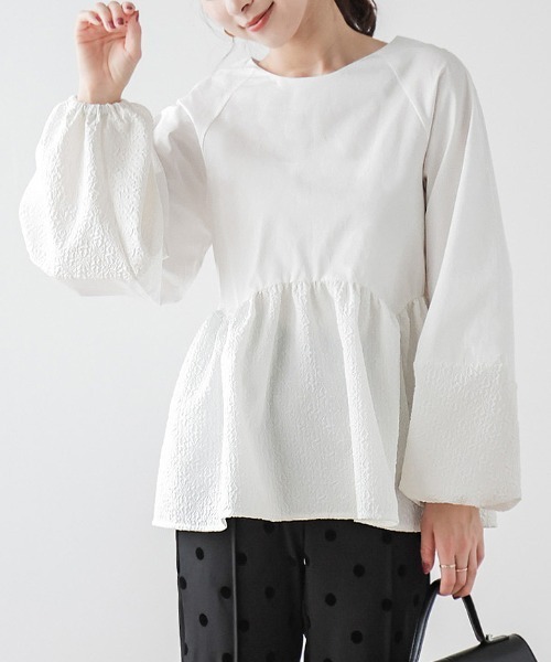 セール】ジャガードぺプラムトップス（Tシャツ/カットソー）｜La-gemme