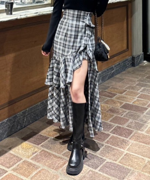 チェックフリルスリットスコートショートパンツ 秋服（スカート