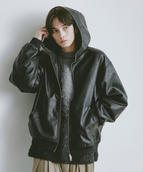 セール】シンセティックレザー/ジップアップパーカー（ブルゾン