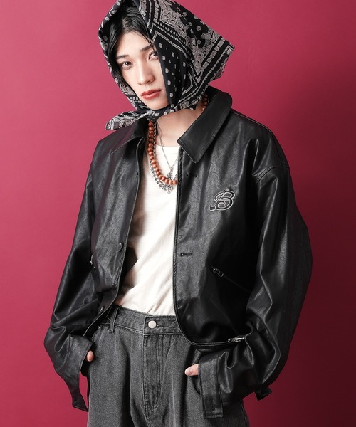 a.p.o.v. ワンポイントロゴ刺繍ショート丈合成皮革ジャケット