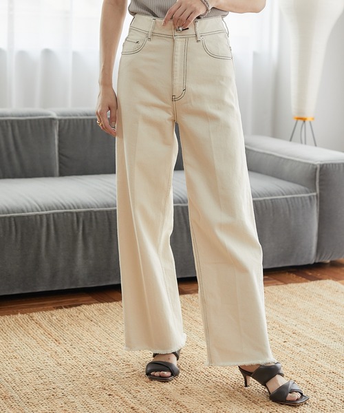 PUBLIC DENIM】ハイウエストワイドストレートデニム/センタープレス