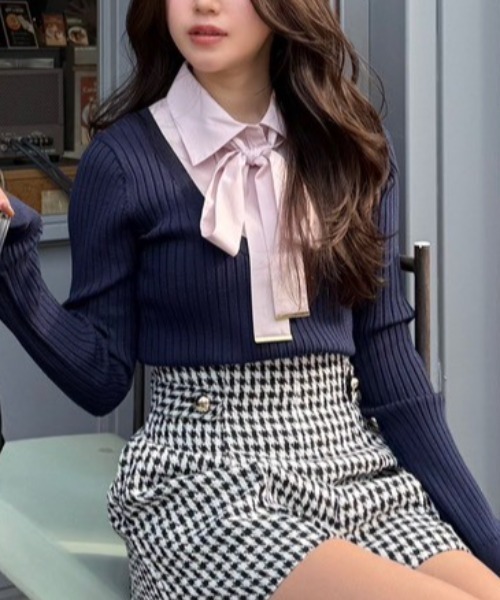 セール】シャツドッキングロングスリーブニットトップス 冬服 春服