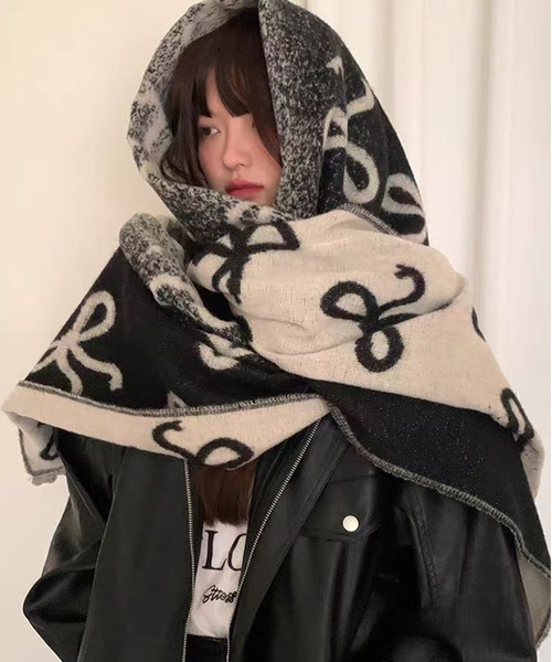 セール】【新作】リボン柄スカーフ：甘く可愛らしい秋冬の万能アイテム