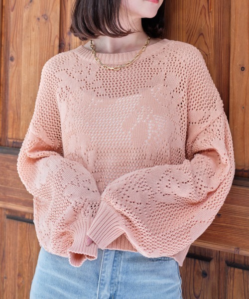 セール】透かし編みフラワーニットプルオーバー（ニット/セーター