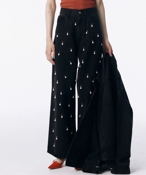 WIDE DENIM PANTS with PEARL/ワイドデニムパンツウィズパール（デニム