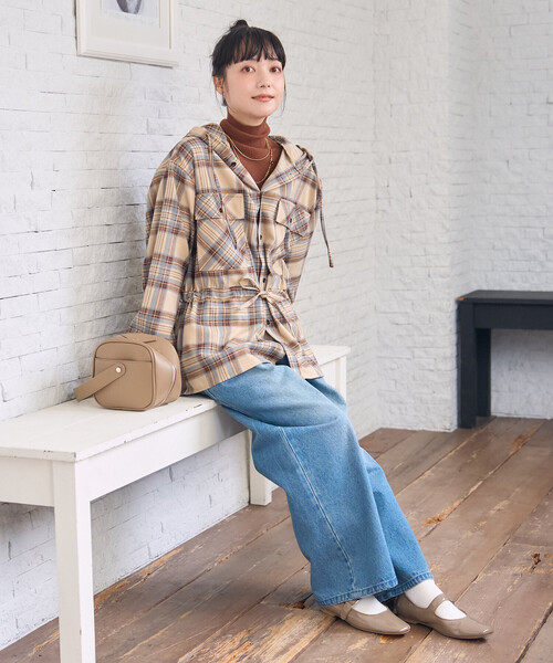 セール】フード付き チェックシャツ チュニック（シャツ/ブラウス