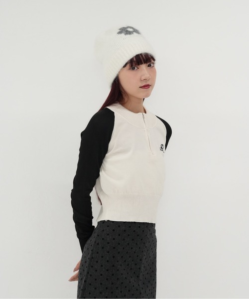 cunii 】ハーフジップ クロップド ニット トップス 長袖 配色 ラグラン