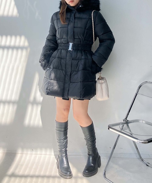 セール】♪ファーフード ベルト付き Aライン中綿ミドルコート（ダウン