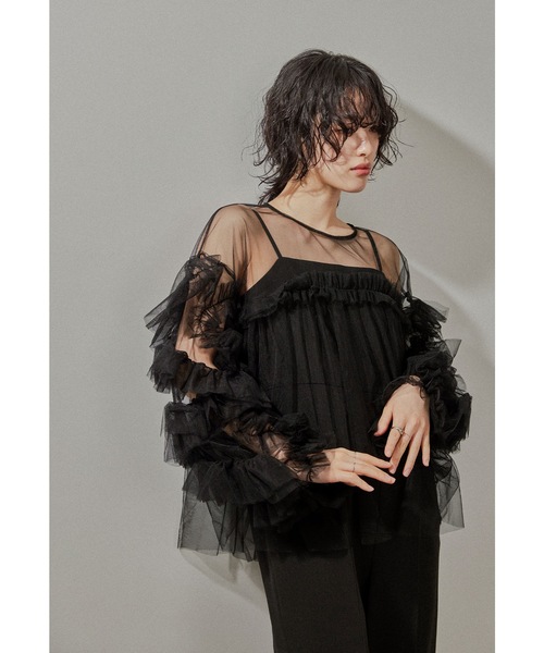 チュールフリルブラウス トップス ボリューム袖 結婚式 同窓会