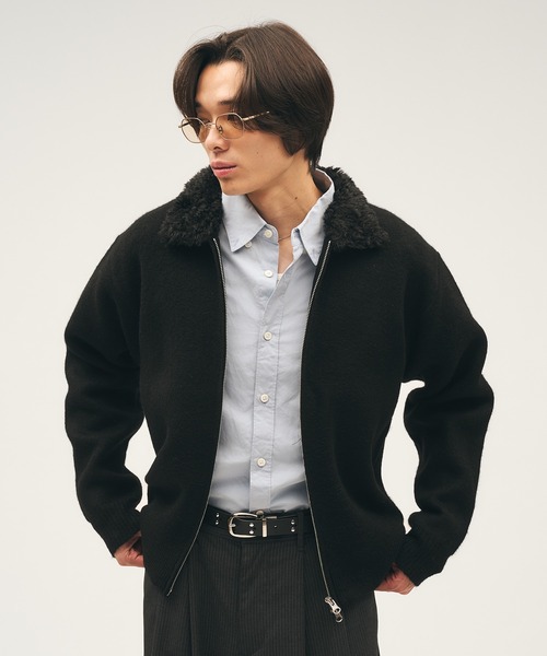 ギャバジンkt 大きいサイズ 46 ニット アウター ジップアップ ブラック