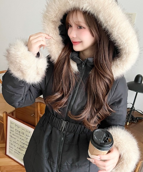 セール】ウェストベルト付きフードファーダウンコート（ダウン